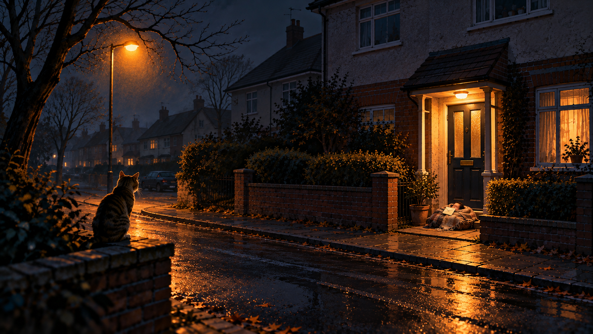 A bundle of blankets with a letter on a suburban doorstep at night, a tabby cat watching from a garden wall.